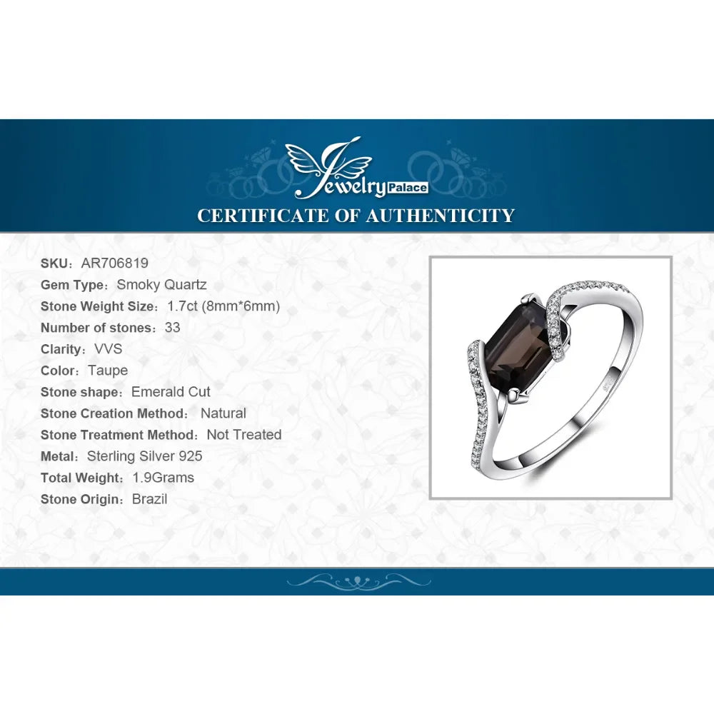 JewelryPalace 1.7ct Emerald Cut Genuine Smoky Quartz 925 Sterling Silver Ring for Woman Wedding Engagement Gemstone Jewelry