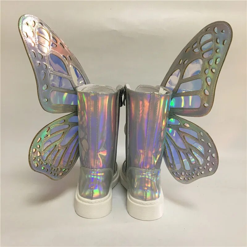 Women Silver Winter Snow Riding Boots Butterfly Wings Fashion Flat Booties Shoes