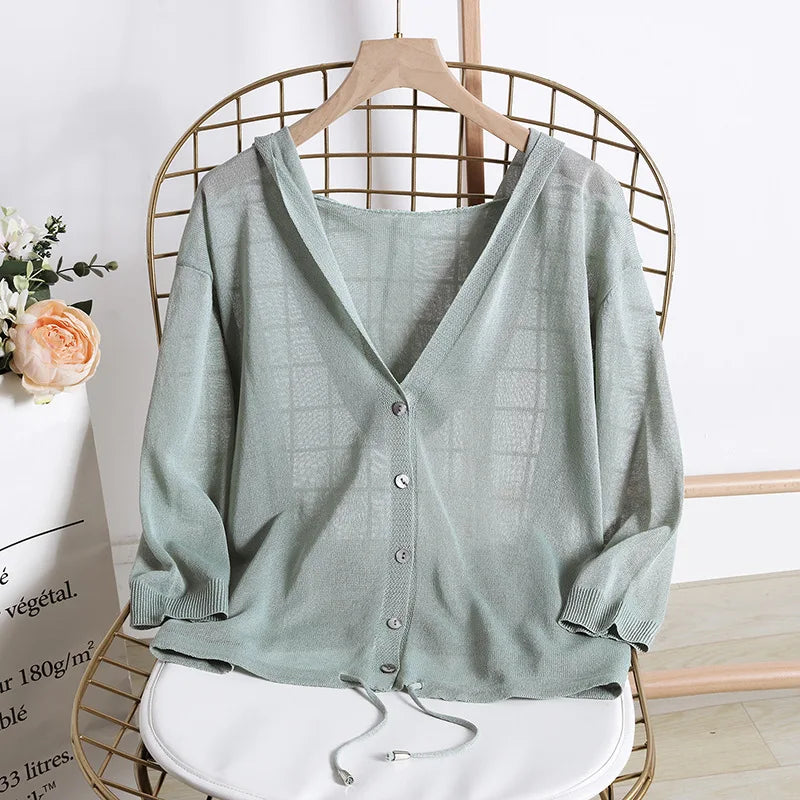 Hooded Thin Sweater Cardigan Women Silk Linen Spring  Summer Lace Up V-neck Short