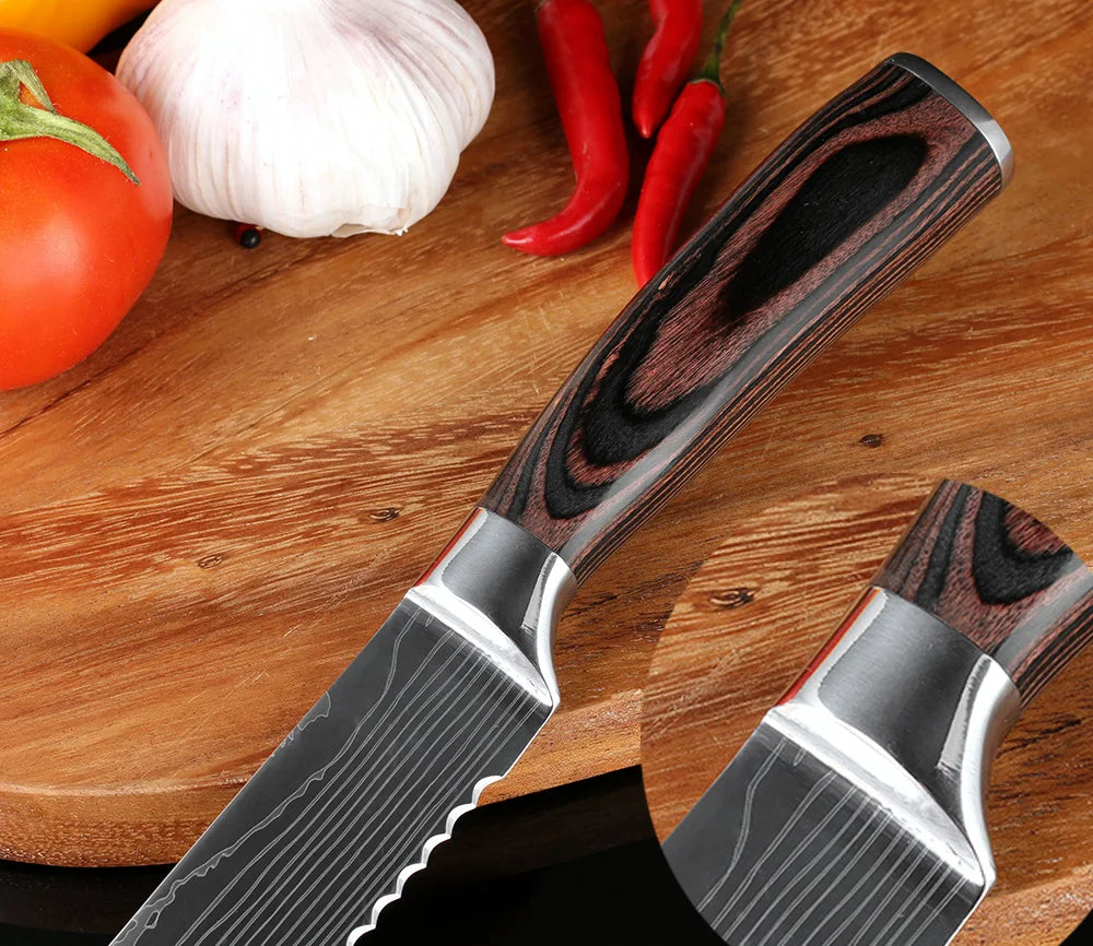 Kitchen Bread Knife Serrated Design Laser Damascus Stainless Steel Blade 8 inch