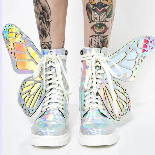Women Silver Winter Snow Riding Boots Butterfly Wings Fashion Flat Booties Shoes