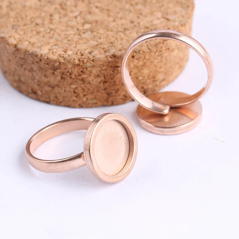 onwear 10pcs rose gold plated Fitting 12mm round cabochon ring blanks adjustable stainless steel base setting diy jewelry bezels