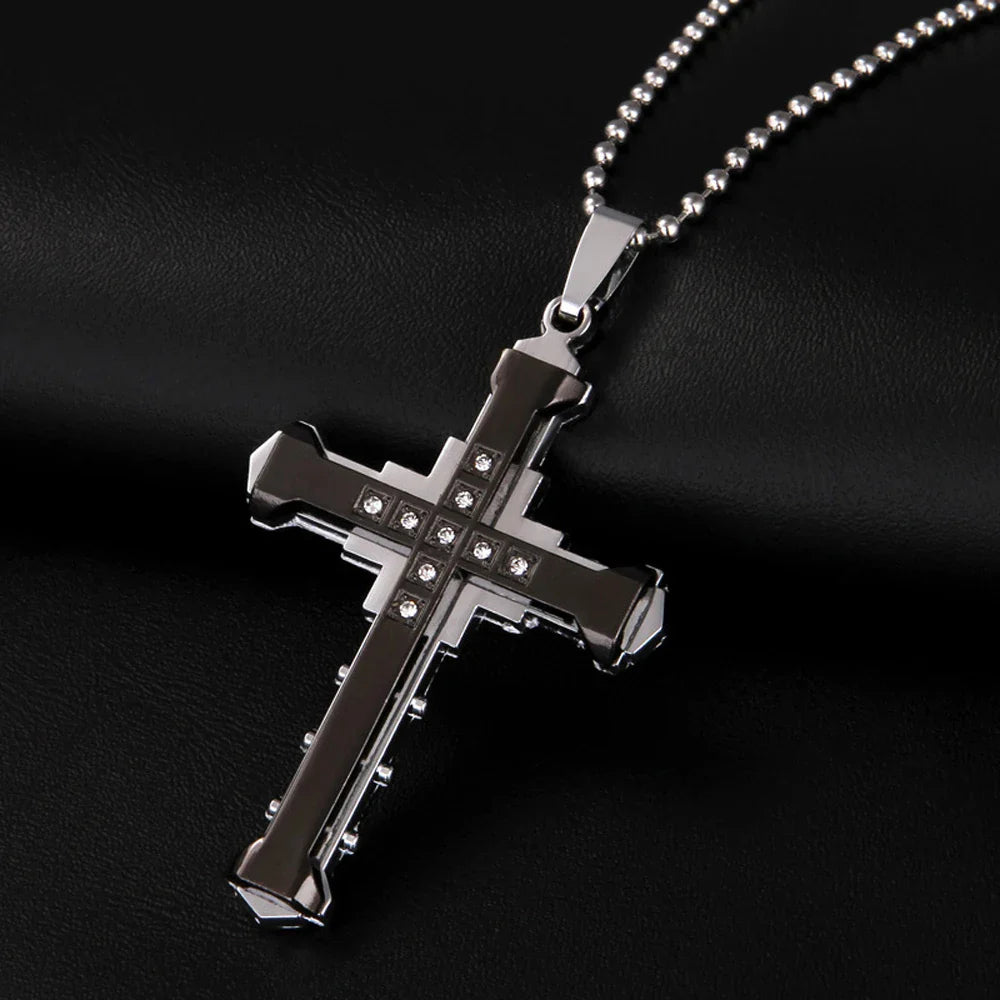SUMENG 2025 New Male Crystal Cross Jesus Pendant Gold/Black/Blue Color Zirconia Necklace Stainless Steel Jewelry