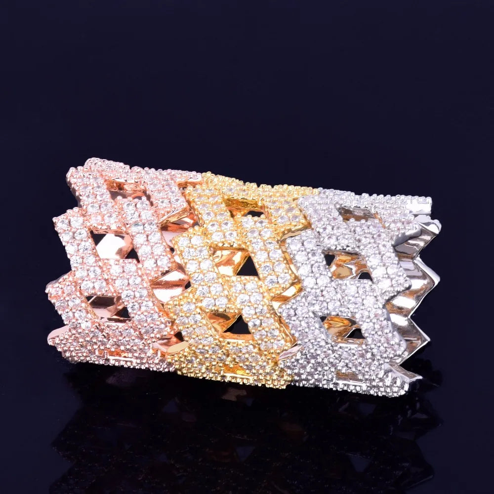 Bubble Letter Miami Cuban Link Rings for Men Gold Color Iced Out Full Zircon Hip Hop