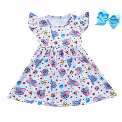 Hot selling fly elephant printed girls dress lovely elephant flutter dress knee length frock