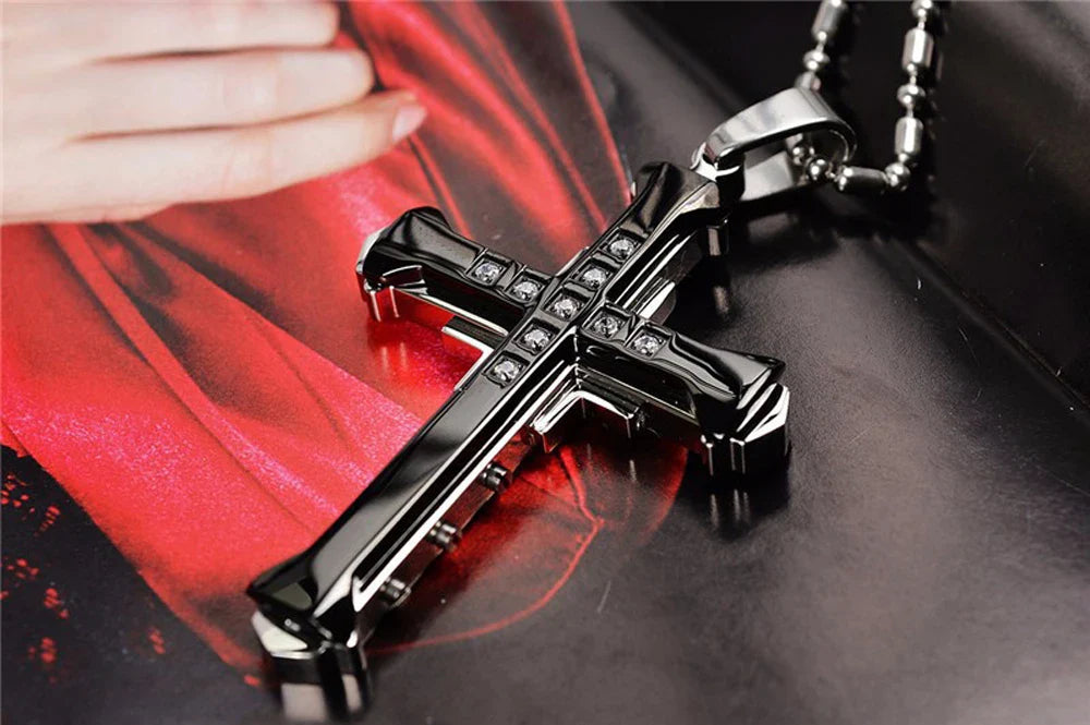 SUMENG 2025 New Male Crystal Cross Jesus Pendant Gold/Black/Blue Color Zirconia Necklace Stainless Steel Jewelry