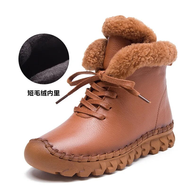 Thick Cotton Winter Boots Womens Fashion Casual Female Genuine Leather Flat