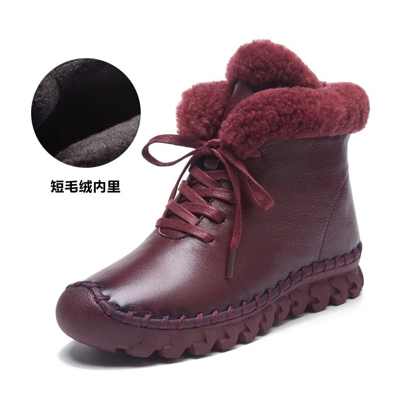 Thick Cotton Winter Boots Womens Fashion Casual Female Genuine Leather Flat