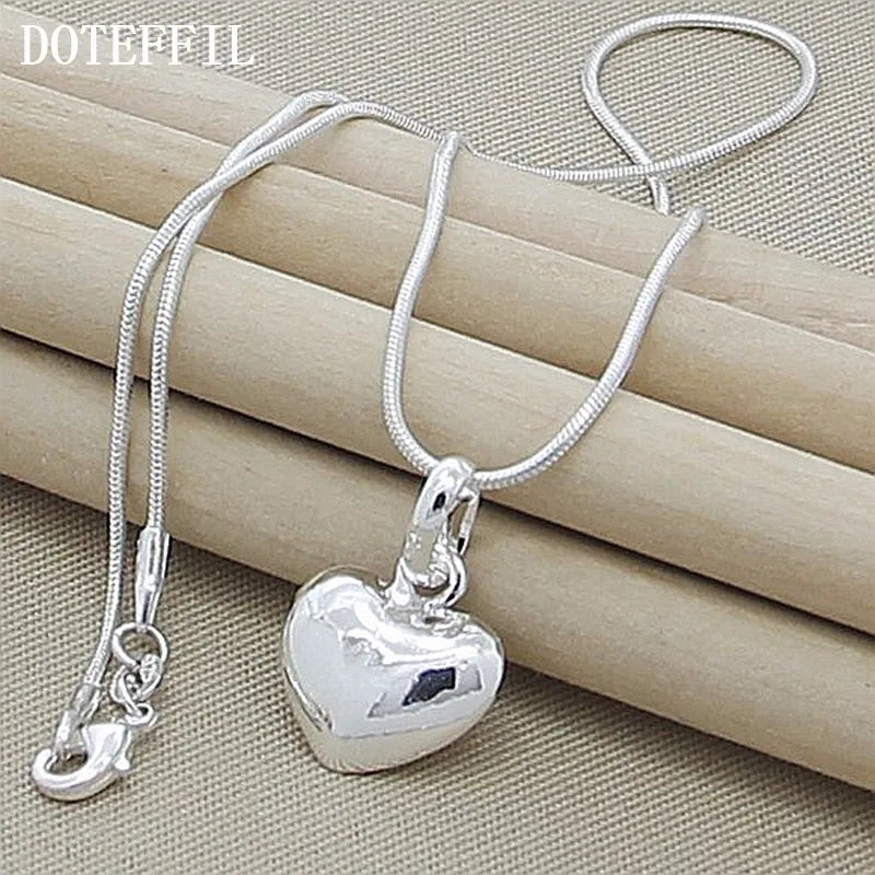 925 Sterling Silver Solid Small Heart Pendant Necklace 16-30 Inch Snake