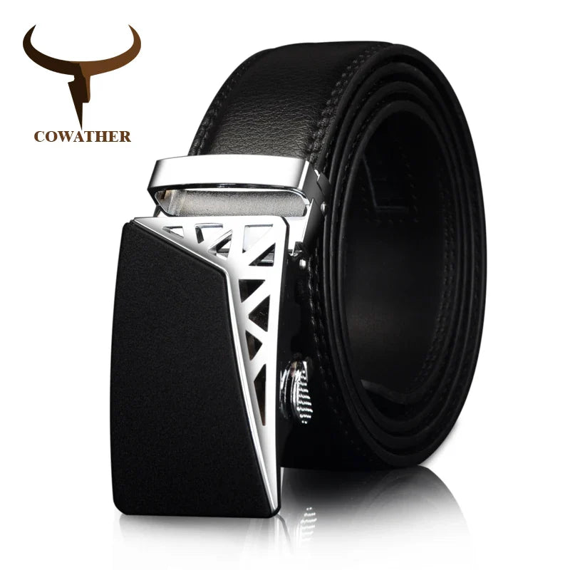 COWATHER Genuine Leather belts for men Automatic Ratchet Buckle Fashion casual Leather belts Waist 30-44 BROWN BLACK CZ052