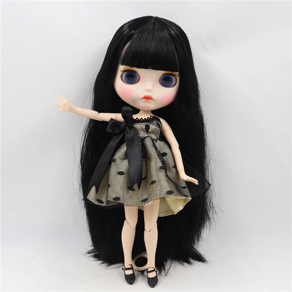 ICY DBS Blyth doll white skin joint body Black straight hair new matte face with eyebrows Lip gloss BL117