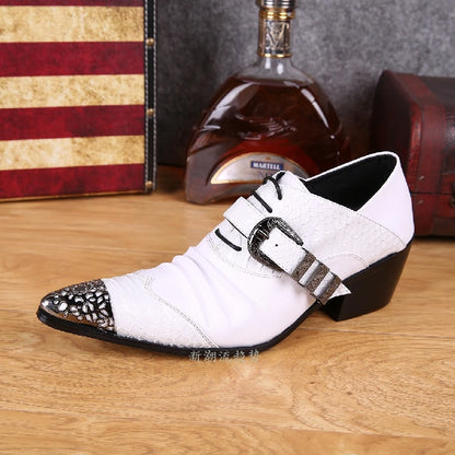 Mens pointed toe dress shoes black white high heels crocodile skin men leather shoes formal wedding shoes male spiked loafers