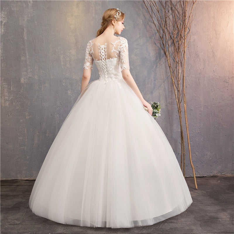 White Bridesmaid Dresses: Wedding Dress Half Cap Sleeve Princess Illusion