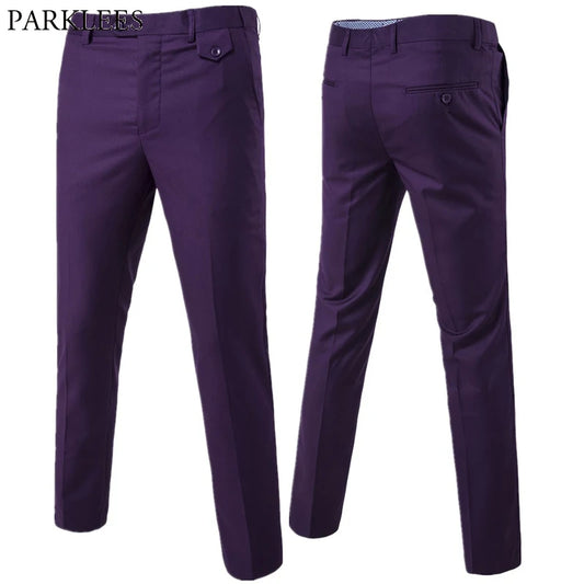 Purple Slim Fit Straight Dress Pants Men Formal Office Flat-Front