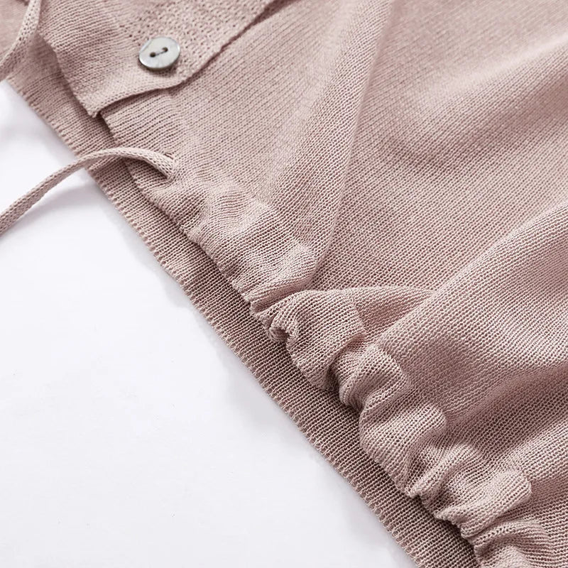 Hooded Thin Sweater Cardigan Women Silk Linen Spring  Summer Lace Up V-neck Short