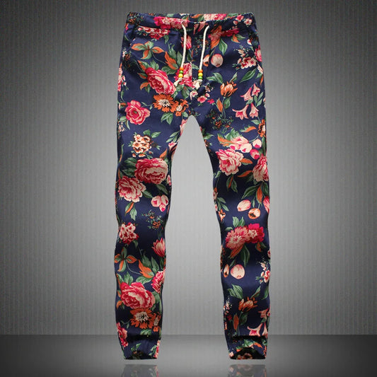 Men Floral Print Joggers Male Casual Summer Pants Mens Sweatpants Linen Pants Men