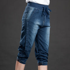 Plus Size Jeans Women Summer Elastic Waist Loose Denim Harem Pants