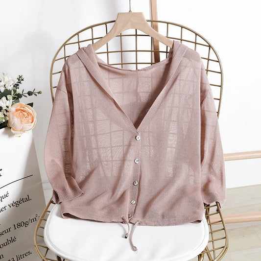 Hooded Thin Sweater Cardigan Women Silk Linen Spring  Summer Lace Up V-neck Short