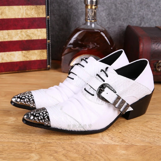 Mens pointed toe dress shoes black white high heels crocodile skin men leather shoes