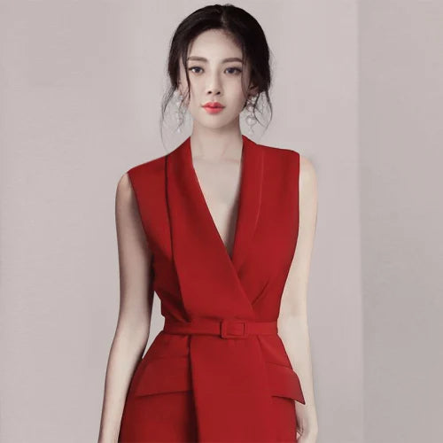 Thai Popular Logo OL Ladies High-end Red Sexy V-Neck Sleeveless Lace-up Blazer Dress 2022 New Vintage High Waist Party Dress