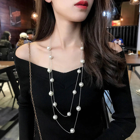 Long Double Layer Simulated Pearl Necklace Women Sweater Chain  Female Collares