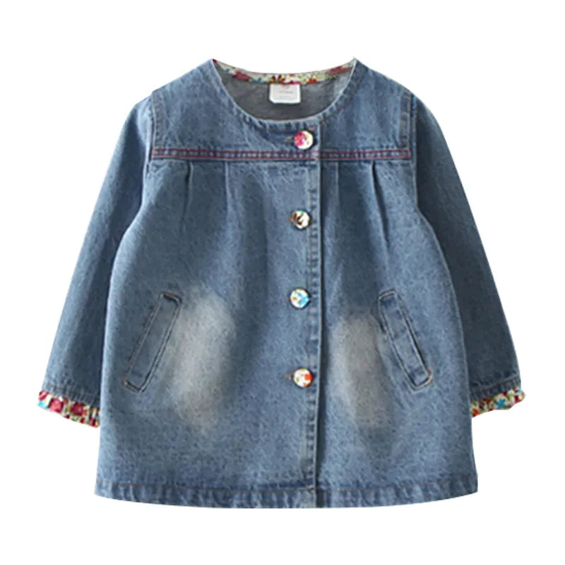 Fashion Children Baby Floral Button Patchwork Denim Blue Long Jacket For kids Girls
