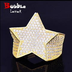 Bubble Letter Men Star Rings Charm Gold Color Full Zircon Fashion Hip Hop Rock