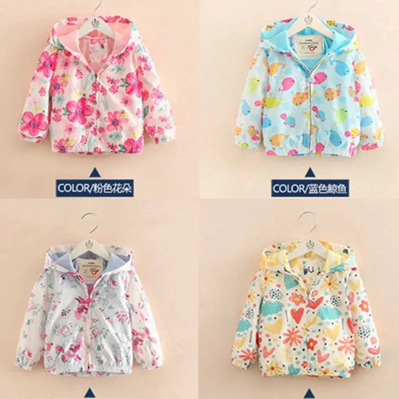 Zipper Cartoon Flower Print Kids Baby Girls Hooded Long Sleeve Thin Jacket