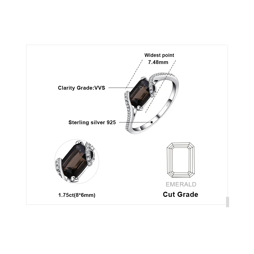 JewelryPalace 1.7ct Emerald Cut Genuine Smoky Quartz 925 Sterling Silver Ring for Woman Wedding Engagement Gemstone Jewelry