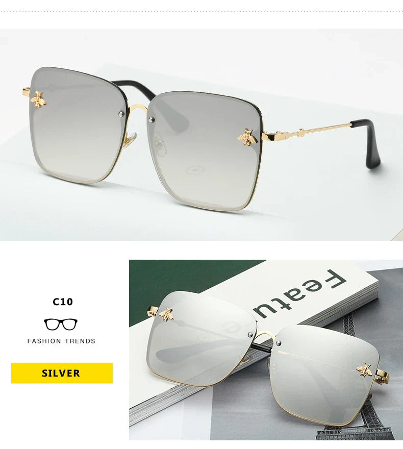 New Fashion Lady Oversize Rimless Square Bee Sunglasses Women Men Small Glasses Gradient Sun Glasses Female UV400