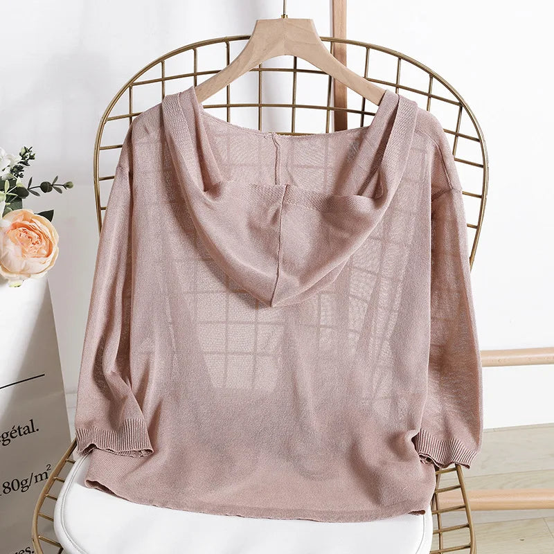 Hooded Thin Sweater Cardigan Women Silk Linen Spring  Summer Lace Up V-neck Short