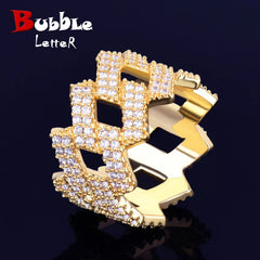 Bubble Letter Miami Cuban Link Rings for Men Gold Color Iced Out Full Zircon Hip Hop