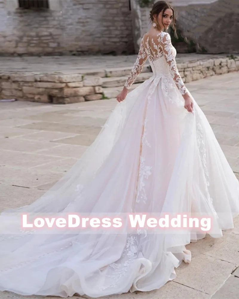 White Bridesmaid Dresses: Pink Long Sleeves Wedding Dress Ball Gown Lace Appliques