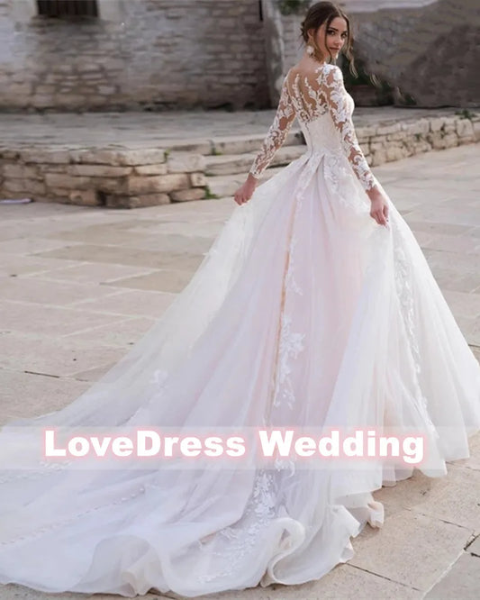 White Bridesmaid Dresses: Pink Long Sleeves Wedding Dress Ball Gown Lace Appliques