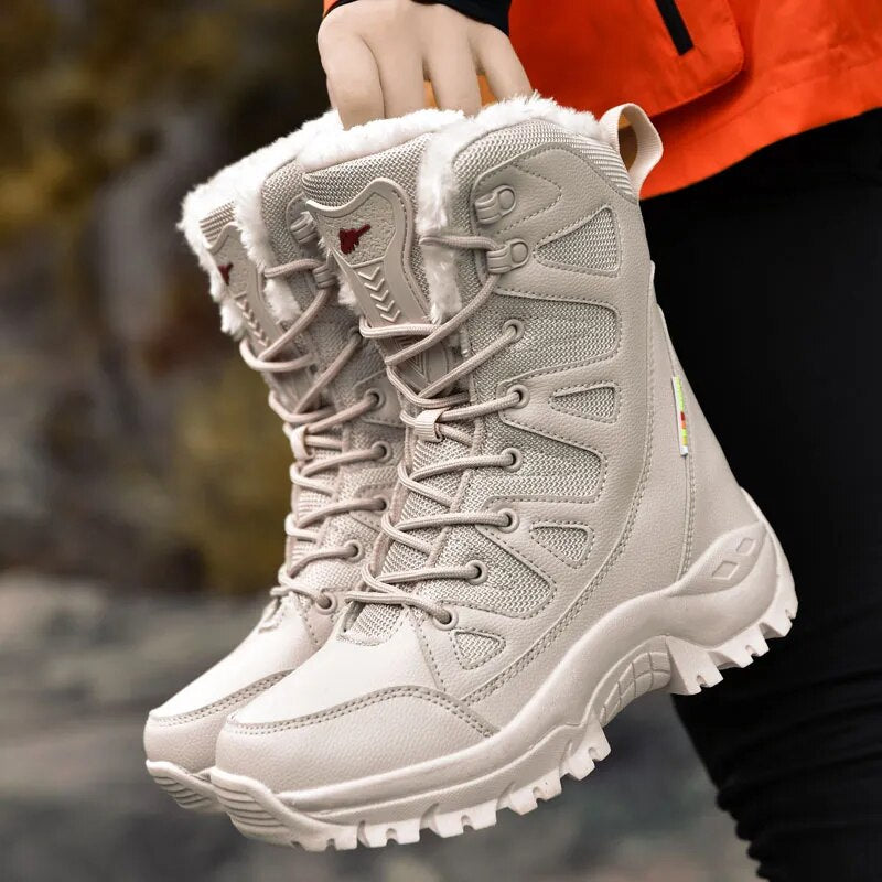 Leather Women Boots Plush Warm Snow Boots Lace Up Waterproof Women Ankle Boots