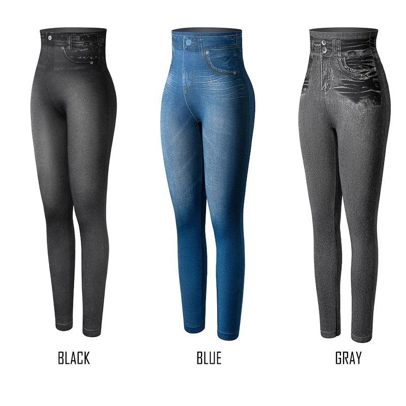 Push Up Seamless High Waist Faux Denim Leggings Women Casual Elastic Pocket Jeans
