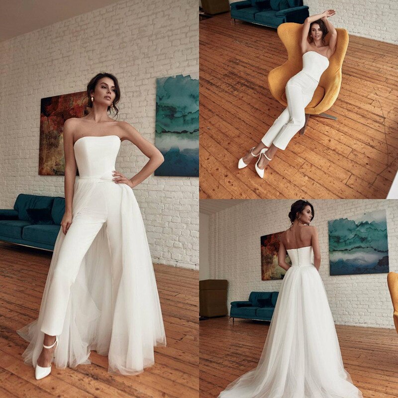 Strapless Wedding Jumpsuit with Detachable Train