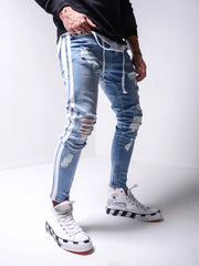 Men's Ripped Pencil Pants Men Skinny Denim Biker Side Striped Jeans