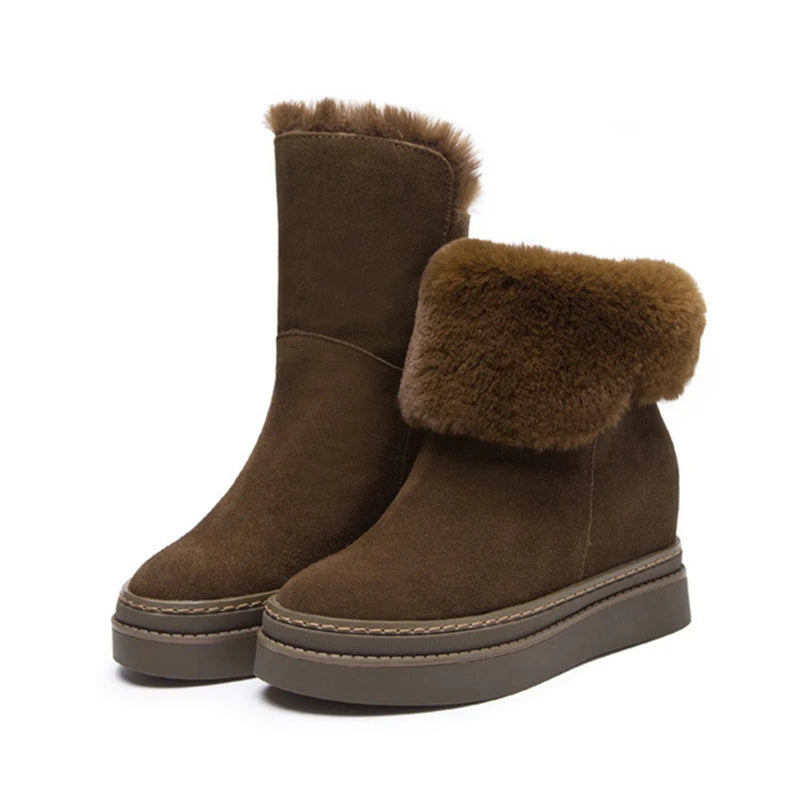 Women's Snow Boots Genuine Leather Hidden Heel Ladies Boot Winter Plush Woman