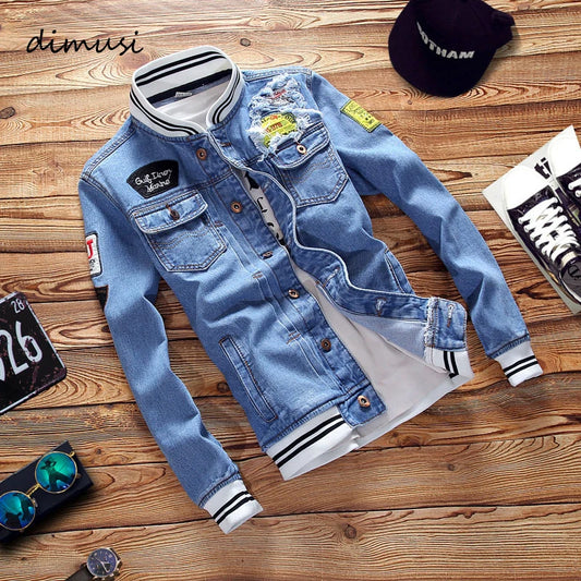 Men's Denim Jackets Fashion Male Trendy Ripped Denim Bomber Coats Mens