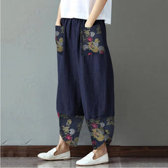 Vintage Print Women Pants Fashion Irregular Casual High Waist Elastic Waist Straigh