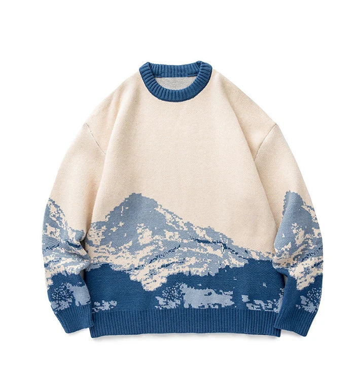 Men Hip Hop Streetwear Harajuku Sweater Vintage Japanese Style Snow Mountain Knitted