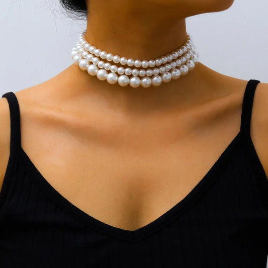 Multi-Layer White Imitation Pearl Necklace Bead  Chain Punk Ladies Wedding Short