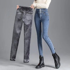 Thermal Winter Thick Fleece High-waist Warm Skinny Jeans Thick Women Stretch Button