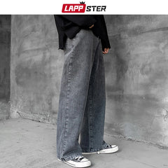 LAPPSTER Men Korean Streetwear Wide Legs Baggy Jeans