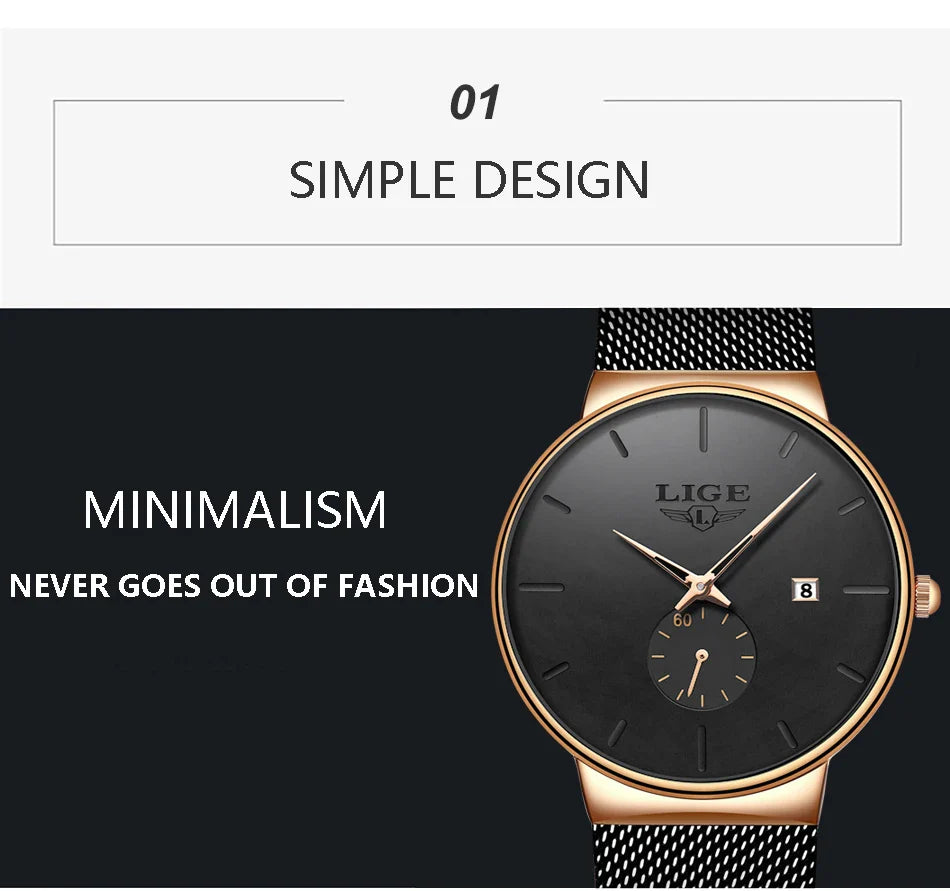 LIGE Ultra Thin Fashion Casual Ladies Watches Elegant Luxury Waterproof Business Quartz Watch for Women Gift Auto Calendar Clock