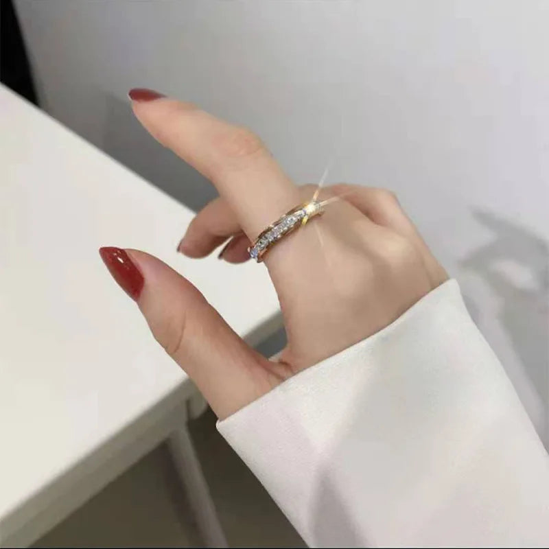 Luxury Rose Gold Color Double Row Square Zircon Stainless Steel Ring For Women