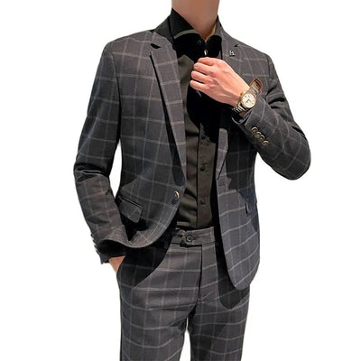 ( Jacket + Pants ) High-end Brand Boutique Lattice Fashion Slim Mens Formal Business Suit 2pces Set Groom Wedding Dress