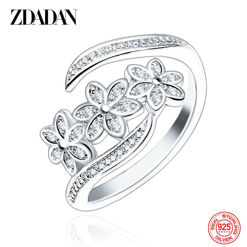 925 Sterling Silver Fashion Adjustable Open CZ Flowers Ring For Women