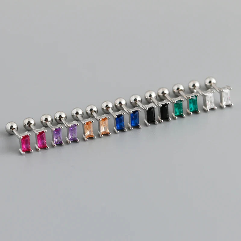 WANTME 925 Sterling Silver Colorful Square Shiny Zircon Beads Piercing Stud Earrings for Women Fashion Gothic Exquisite Jewelry